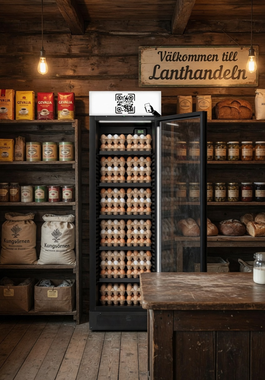 Foodlock äggautomat – smart kyl fylld med ägg i en lanthandel