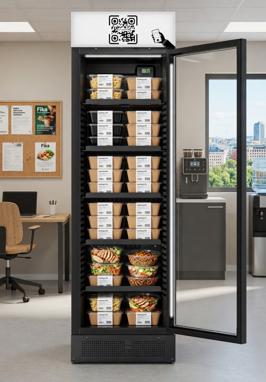 Foodlock matlådskyl på arbetsplatsen – smart kyl med matlådor och QR-betalning via Swish