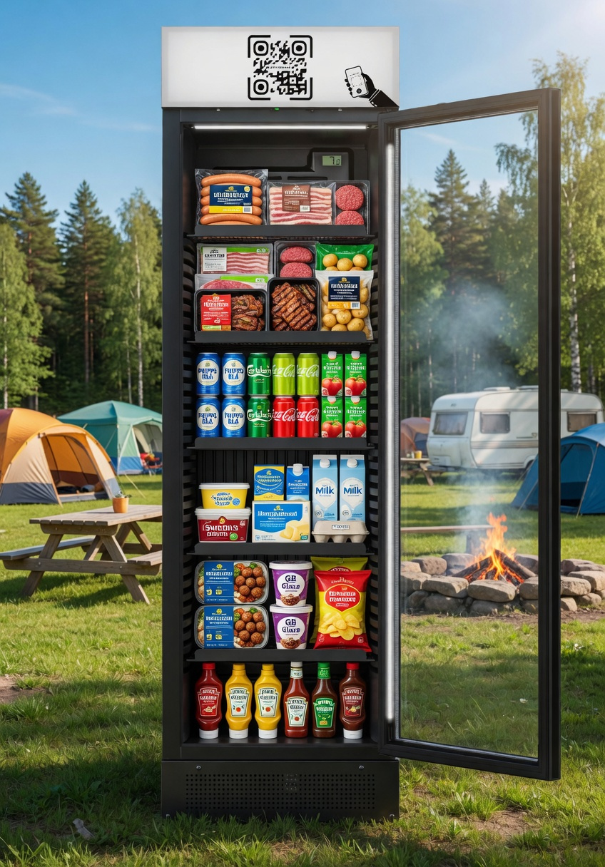 Foodlock campingbutik – smart kyl med mat och dryck på camping, betalning via Swish