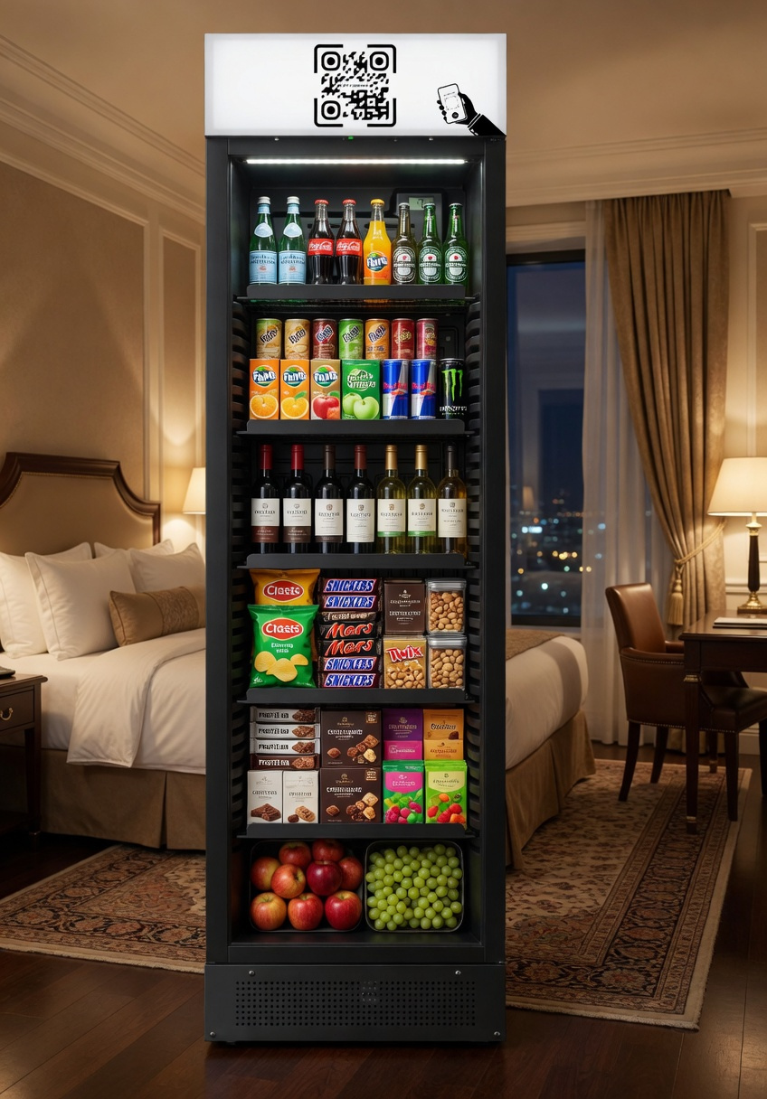 Foodlock hotellshop – smart kyl med snacks och dryck på hotell, betalning via Swish