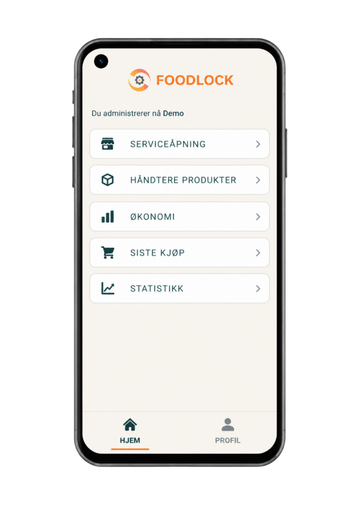 Foodlock administrasjon med oversikt over salg og produkter