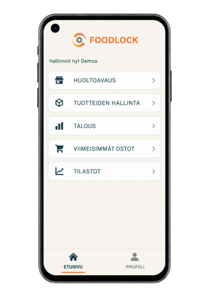 Foodlockin hallintanäkymä puhelimessa: tuotteiden hallinta, talous, viimeisimmät ostot ja tilastot.